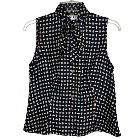 Carlisle Tops - VTG Vintage Carlisle 100% Silk Secretary Bow Button Up Sleeveless Top Size 4